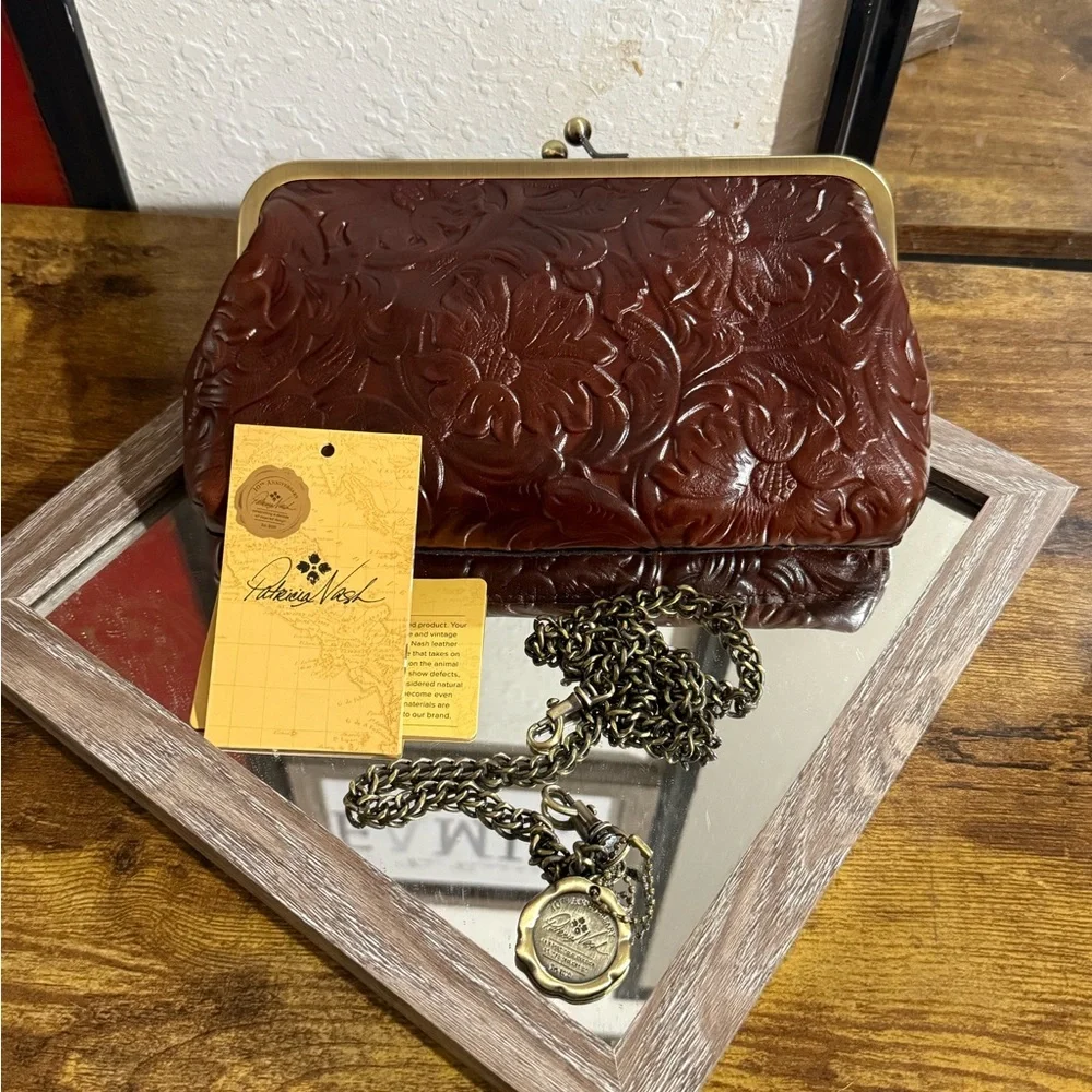 Patricia Nash•Potenaz•British Tan•Floral Tooled Kiss-lock Clutch•NWT - Picture 1 of 5